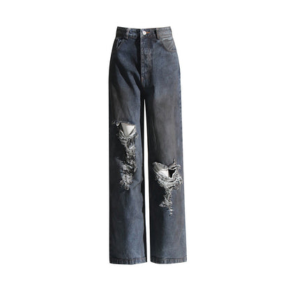 Spring Trendy Distressed Design Ripped Jeans Personality All Match High Waist Slimming Pants