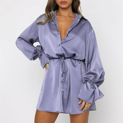 Sexy Elegant Satin Flared Long Sleeve Lace up Loose Dress