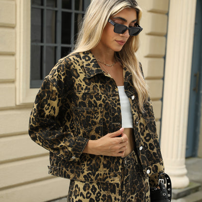 Women Clothing Washed Leopard Print Denim Coat Jacket Top