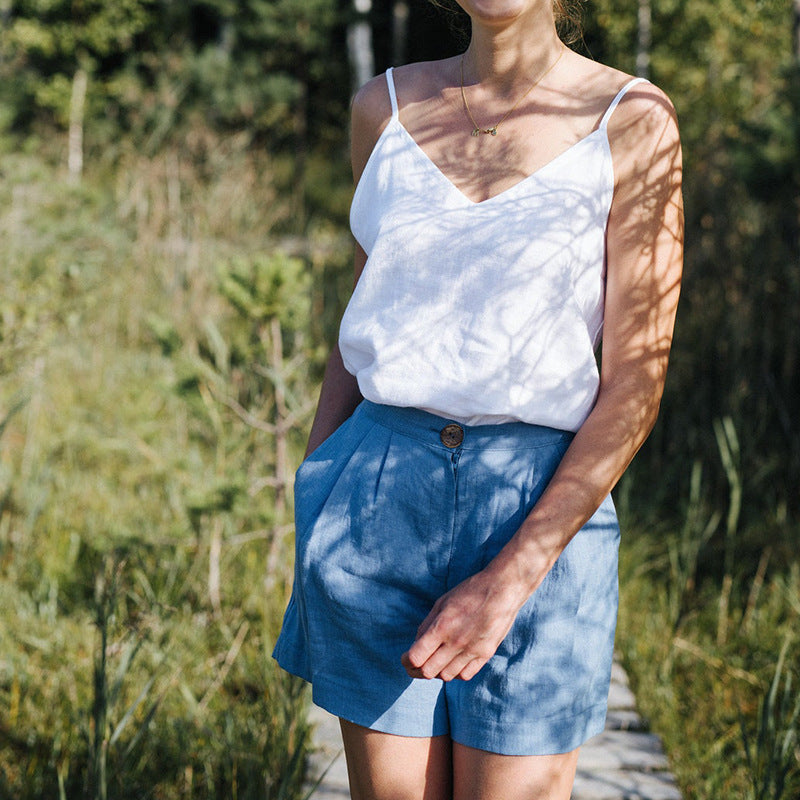 Chaleco de lino con cuello en V para mujer, Top informal sencillo, sin espalda, sin mangas, con tirantes, de algodón y lino, para verano