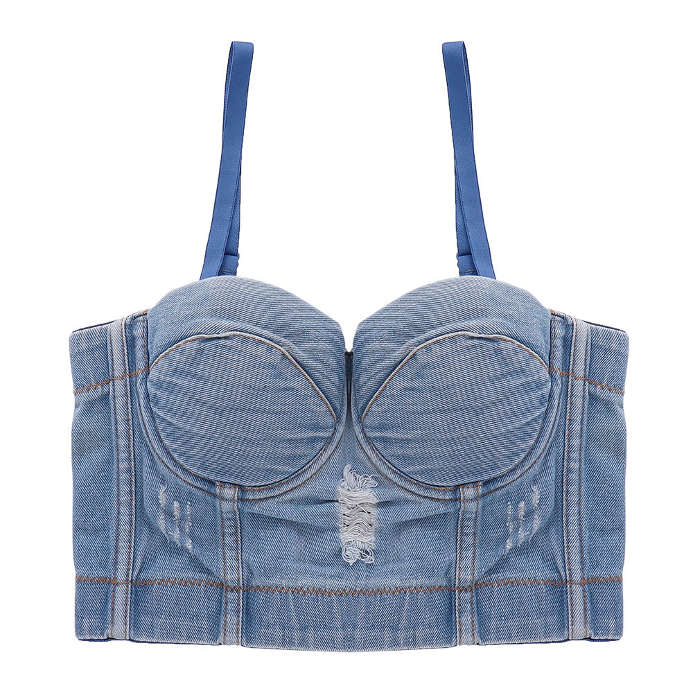 Zerrissenes Denim-Camisole, Oberbekleidung, kurz, sexy, verkürzt, Korsett mit Stäbchen, Tube-Top, Unterwäsche, gratis DJ, sexy Top