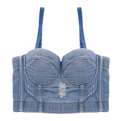 Zerrissenes Denim-Camisole, Oberbekleidung, kurz, sexy, verkürzt, Korsett mit Stäbchen, Tube-Top, Unterwäsche, gratis DJ, sexy Top