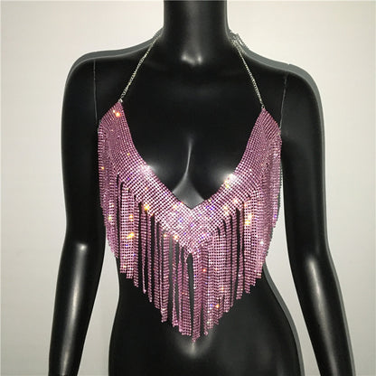 Ropa de mujer Top de diamantes de imitación de metal Traje sexy de fiesta con diamantes de imitación Club nocturno Sexy Sling