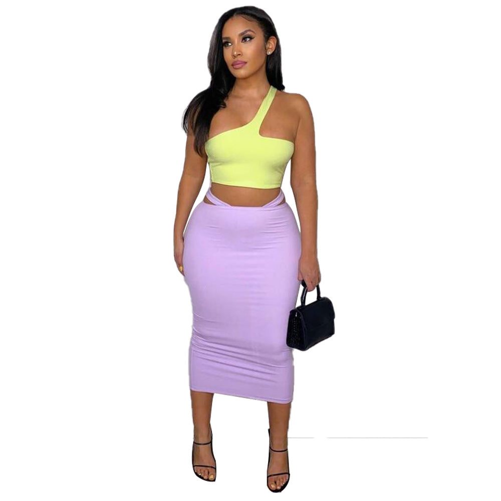 Summer Women Suit Sleeveless Irregular Asymmetric Hip Wrapped Skirt Set