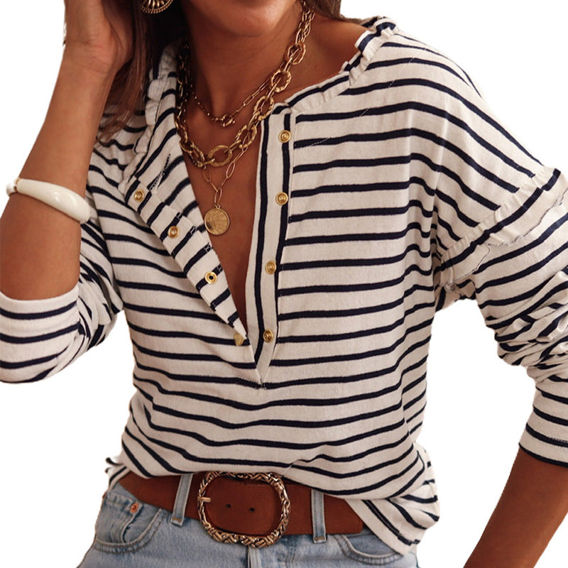 Camiseta de mujer con cuello alto y mangas largas a rayas para primavera y otoño