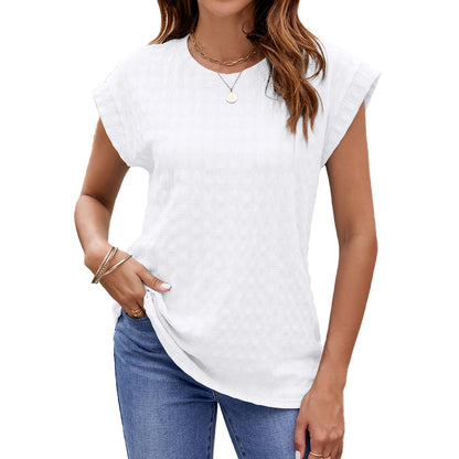 Camiseta de manga corta con cuello redondo y ajuste holgado de Jacquard de Color liso para primavera y verano, Top para mujer