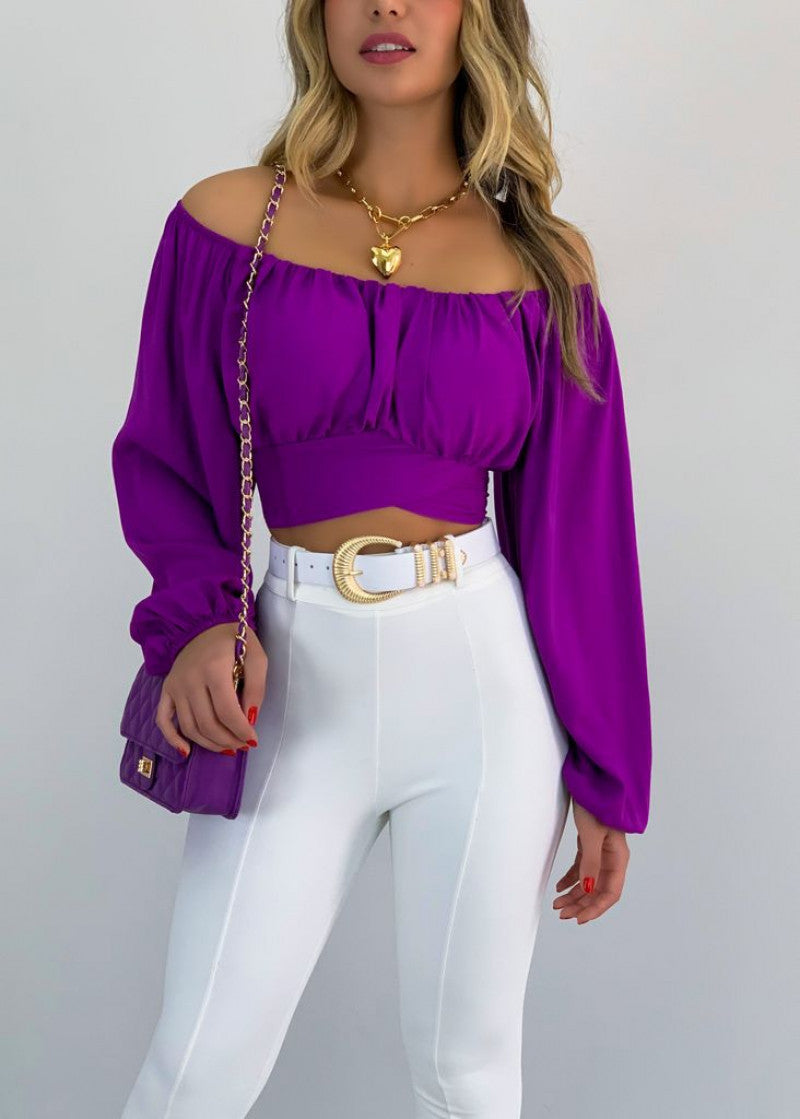 Top Women Solid Color Cropped Exposed Lantern Sleeve off Neck Sexy Lacing Puff Sleeve Shirt