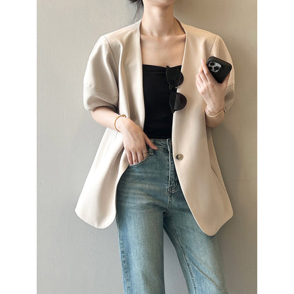 Blazer de manga corta con mangas abullonadas para mujer, chaqueta informal fina de media manga para primavera y verano