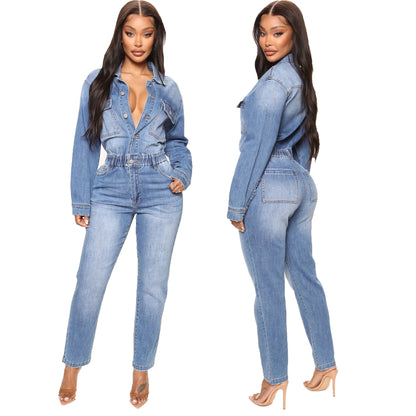 Women Slim Elastic Feet Wash Denim Jumpsuit