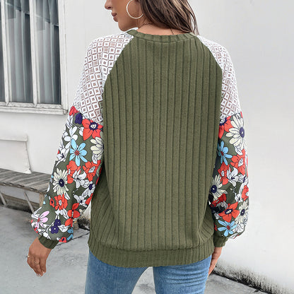 Suéter de punto con cuello redondo y estampado floral a juego de colores para mujer