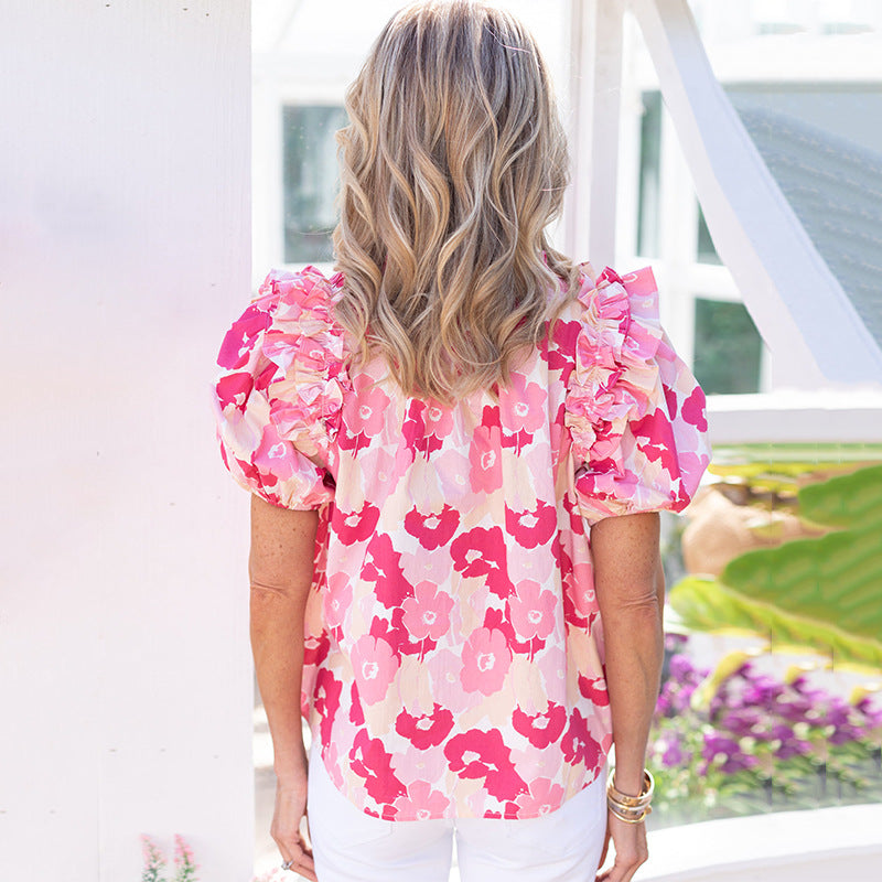 Jersey con estampado floral para mujer, Top de gasa con cuello en V y manga abombada de verano para mujer