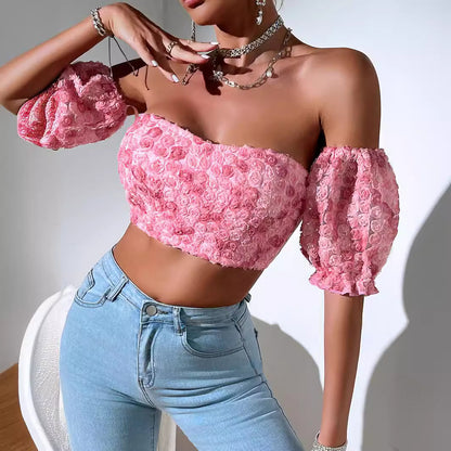 Summer Sexy Socialite Women Clothes Special Decoration off the Shoulder Short Sleeve Embroidered Vest Tube Top