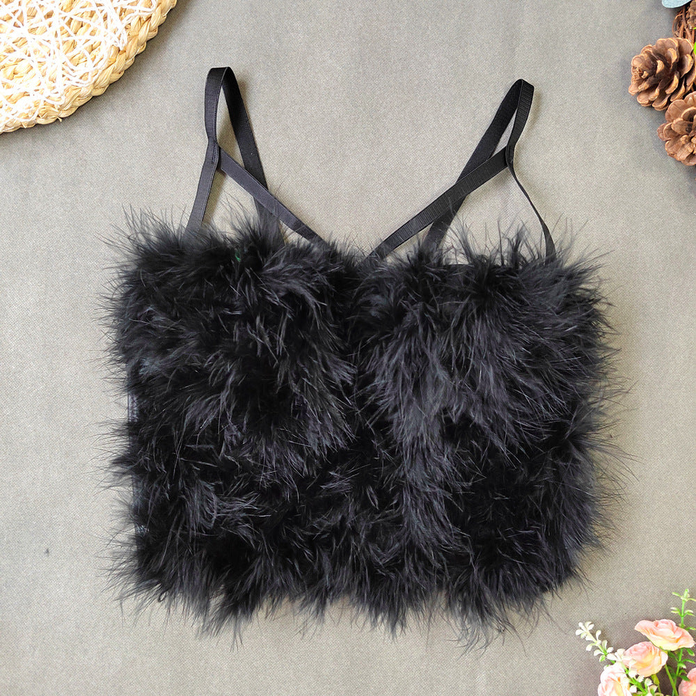 Ostrich Feather Stitching Leather Spaghetti Straps Outerwear Short Elegant Faux Leather Feather Tube Top Vest Slim Vest