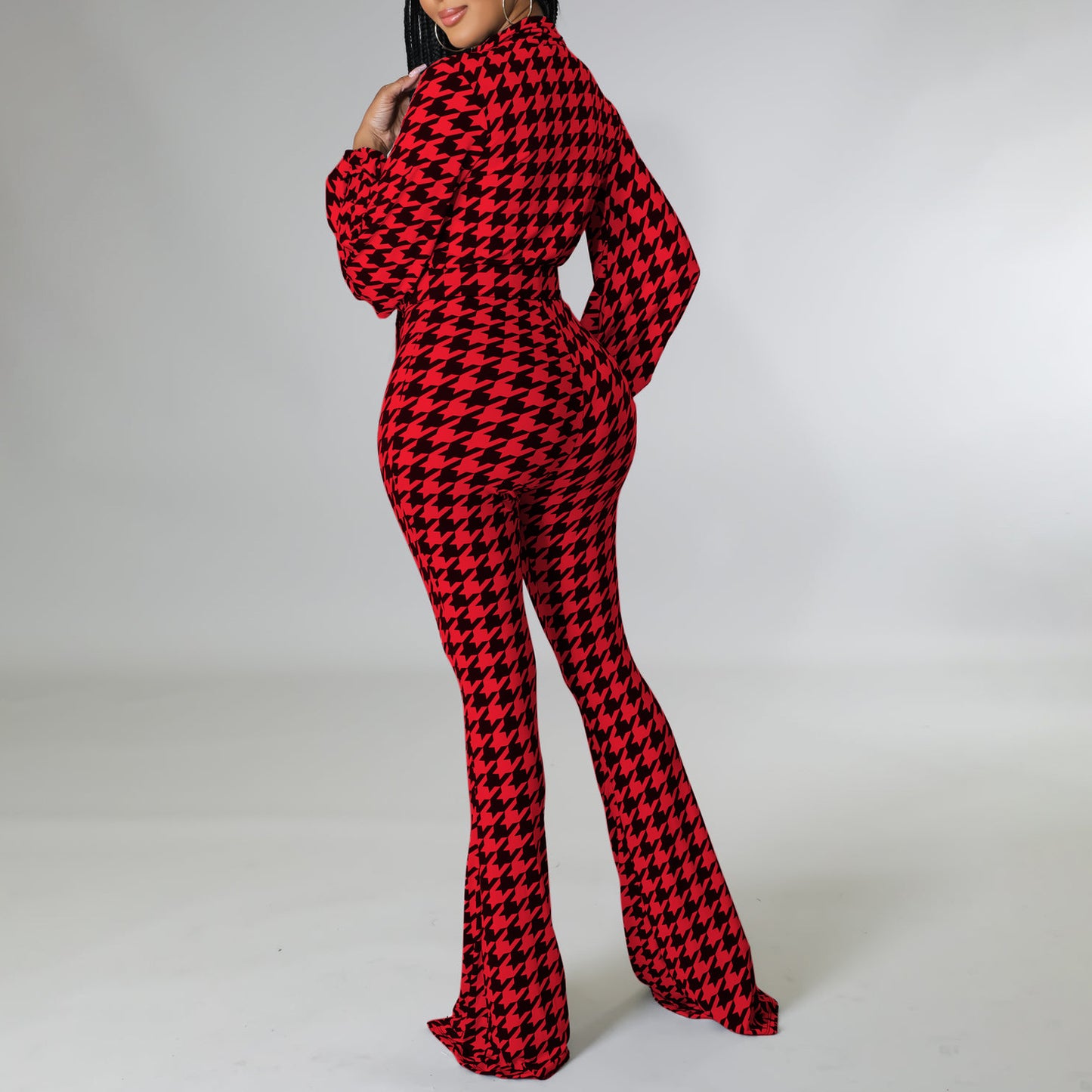 Damenbekleidung Herbst Winter V-Ausschnitt Puffärmel Taillenbesatz Druck Weites Bein Afrikanischer Overall