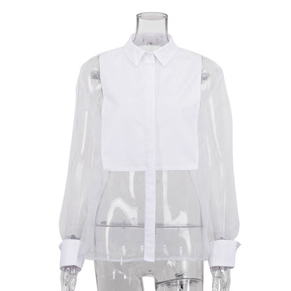 Spring Summer Shirt Women Long Sleeved Collared Organza Stitching Shirt Top Transparent Sexy Women Clothing Organza