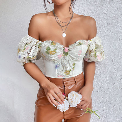 Camiseta de manga abombada con espalda descubierta para mujer, Top sexy con cintura y corsé con anillo de acero