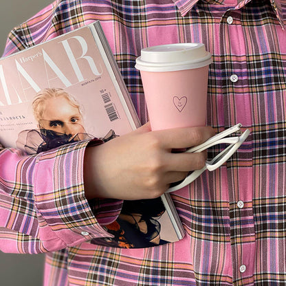 Retro Classic Plaid Shirt Pink Plaid Top Collared Loose Shirt