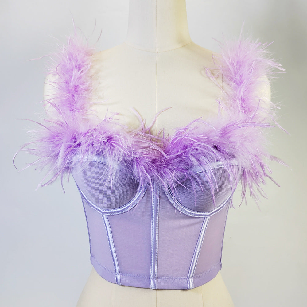 Live Broadcast High Grade Ostrich Fur Super Fairy Boning Corset Tube Top Shaping Drawstring Slim Fit Bare Back Feather Sling