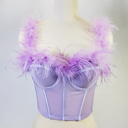 Live Broadcast High Grade Ostrich Fur Super Fairy Boning Corset Tube Top Shaping Drawstring Slim Fit Bare Back Feather Sling