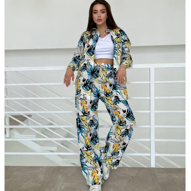 Printed Loose Top High Waist Wide Leg Pants Women Casual Sets