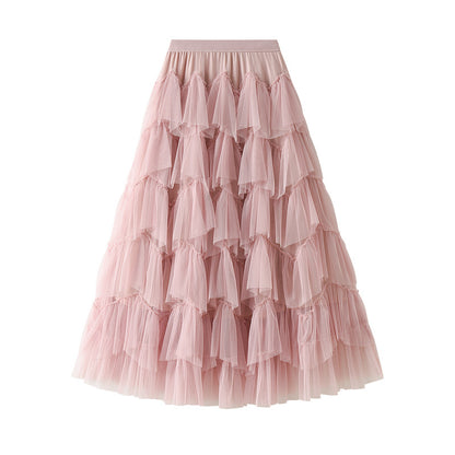 Frühlings-Stufenkleid aus Netzstoff, langer Rock, Designrock, einfach passender Pettiskirt aus Netzstoff