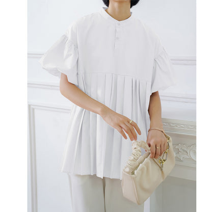 Spring Summer Cotton Anti Wrinkle Women Shirt Lantern Sleeve Pleated Cute Top