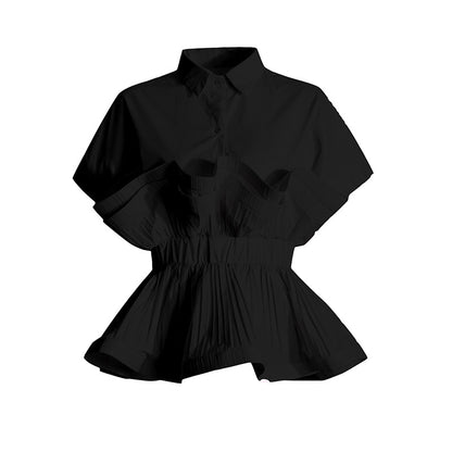 Summer Polo Collar Ruffled Stitching Design Tight Waist Slimming High Grade Short Sleeve Shirt for Women