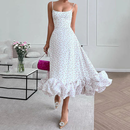 Summer Sling Low Collar Sleeveless Waist Trimming Printing Large Swing Women Dress