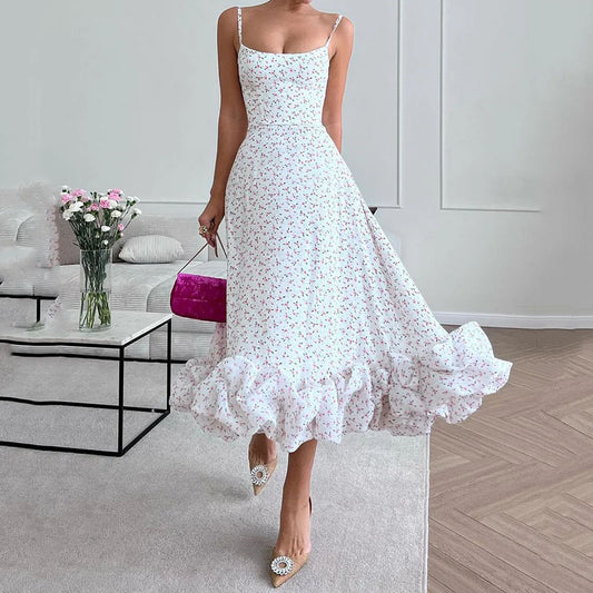 Summer Sling Low Collar Sleeveless Waist Trimming Printing Large Swing Women Dress