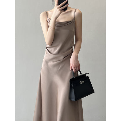 Satin-Slingkleid mit französischem Swingkragen, Sommer-Maxikleid mit Fischschwanz