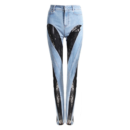 Nicho Deconstrucción Moda Sexy Línea Color Contraste Patchwork Encaje Alta Cintura Adelgazante Jeans Pantalones para Mujer