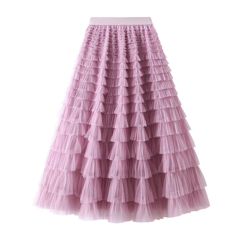 Mesh Tiered Skirt Women Spring Autumn Dress Fairy White Yarn Skirt Pleated