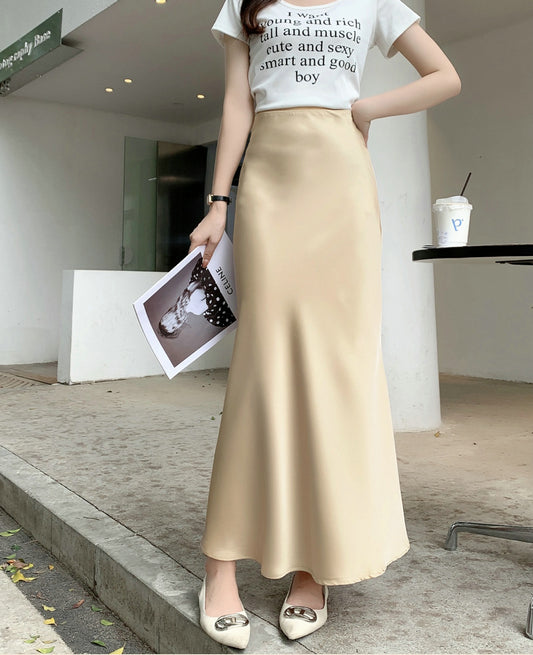 High End Draping Acetate Satin Skirt Women Summer Mid Length Fishtail Skirt High Waist Slimming Hip Skirt