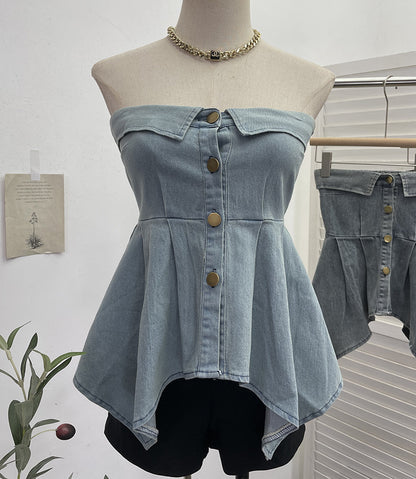 Real Shot Thai Sexy Irregular Asymmetric Hem Washed Denim Tube Top Short Single Breasted Sleeveless Top