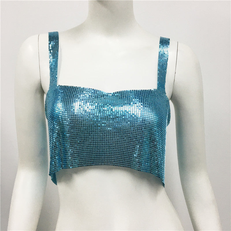 Ropa de mujer Chaleco de lentejuelas de metal Sexy Fiesta Discoteca Dulce Picante Lentejuelas Sling