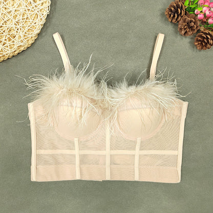 Ostrich Feather off-Shoulder Spaghetti Straps Outer Wear Slim-Fit Sexy Sexy Feather Corset Dance Dancing Lady Shaping Tube Top