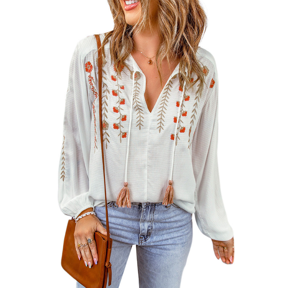 Floral Bestickt V hals Pullover Shirt Frauen Quaste Lace up Langarm Chiffon