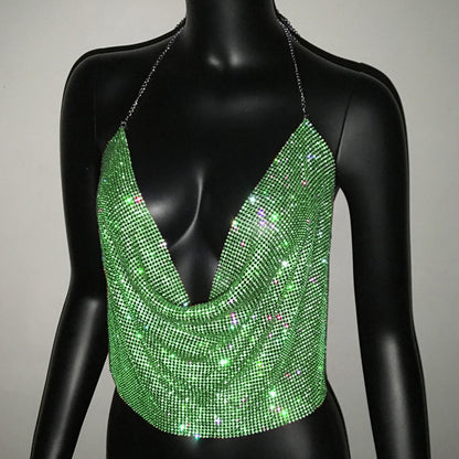 Ropa de mujer Chaleco con diamantes de imitación Traje sexy para fiesta en discoteca Top con tirantes y diamantes de imitación