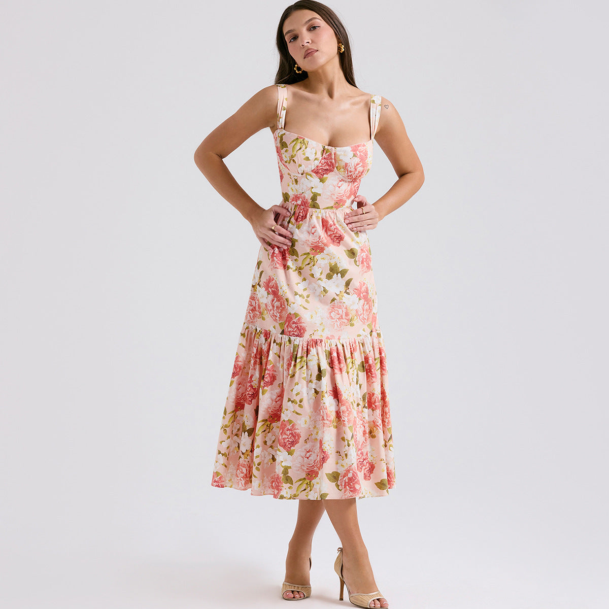 Vestido de colección de verano para mujer, vestido sin mangas con tirantes, sin espalda, floral, dulce y picante, a media pierna, para verano