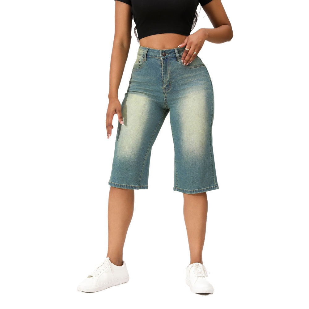 Washed out Vintage Denim Cropped Pants Women Spring Summer Straight Loose Jeans