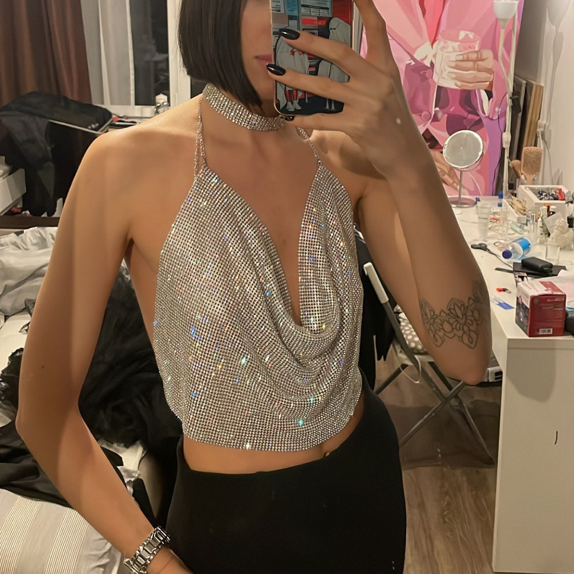 Women Clothing Rhinestone Rhinestone Vest Sexy Party Nightclub Sexy Suit Rhinestone Top Sling