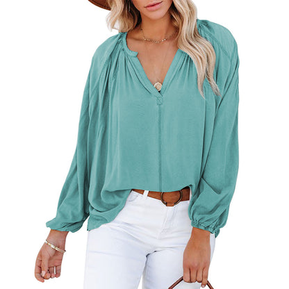 Spring Autumn V neck Long Sleeve Top Women Solid Color Loose Fitting T shirt