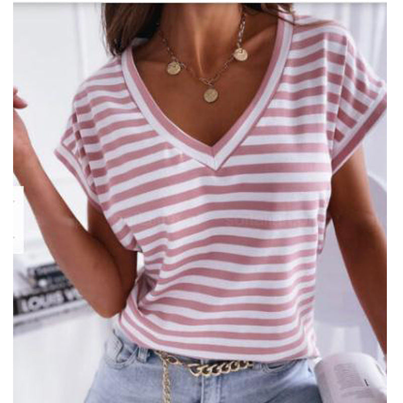 Women Clothing Women Top Striped V neck Summer Short Sleeved T shirt