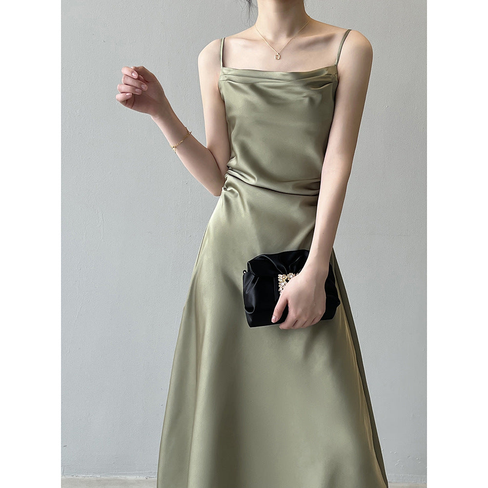 Satin-Slingkleid mit französischem Swingkragen, Sommer-Maxikleid mit Fischschwanz