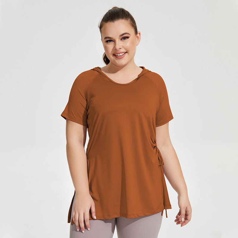 Ropa de Fitness ajustada de talla grande para mujer, Camiseta deportiva de manga corta con capucha, chaqueta de Yoga larga hasta el muslo de secado rápido