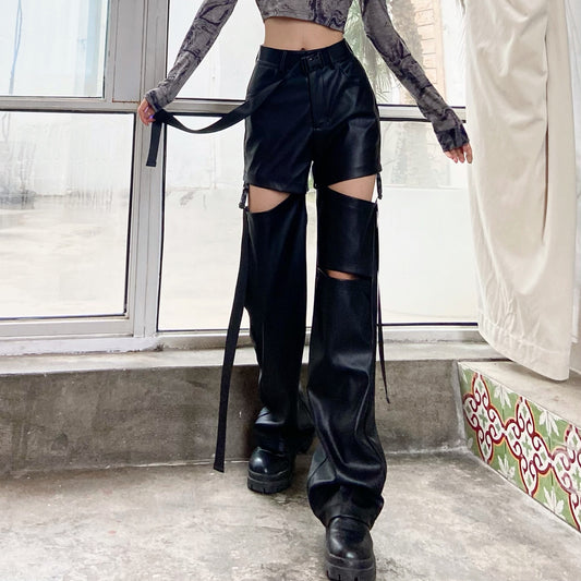 Women High Waist Straight Mopping Pants Detachable Ripped Trousers Loose Leather Pants