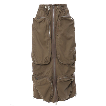 Workwear Camouflage Three Dimensional Zipper Pocket Side Slit Mid Length Skirt