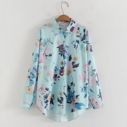 Camisa de manga larga con cuello holgado y estampado para mujer