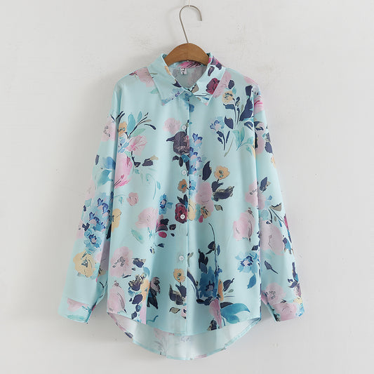 Camisa de manga larga con cuello holgado y estampado para mujer