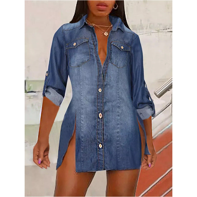 Women Denim Shirts Button Roll Sleeve Split Hem Denim Shirt for Women